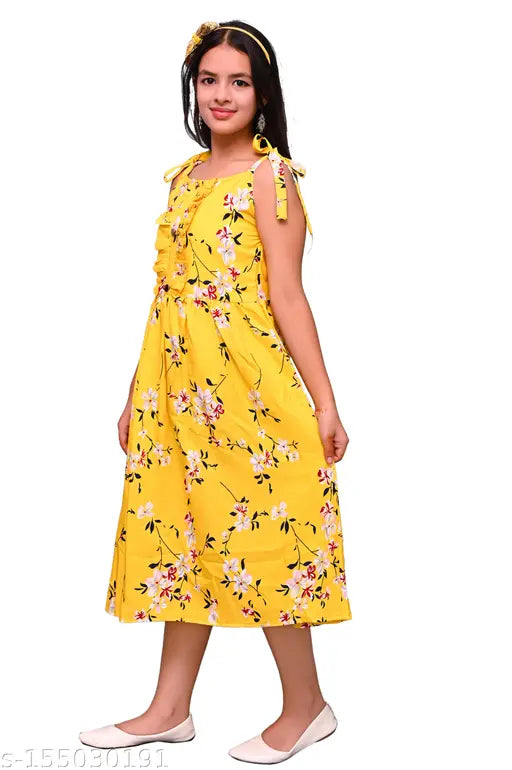 Yellow printed floral knee-length kids' dress, great for every occasion combo. Soft crepe fabric, sleeveless design. Perfect for girls who love flowers