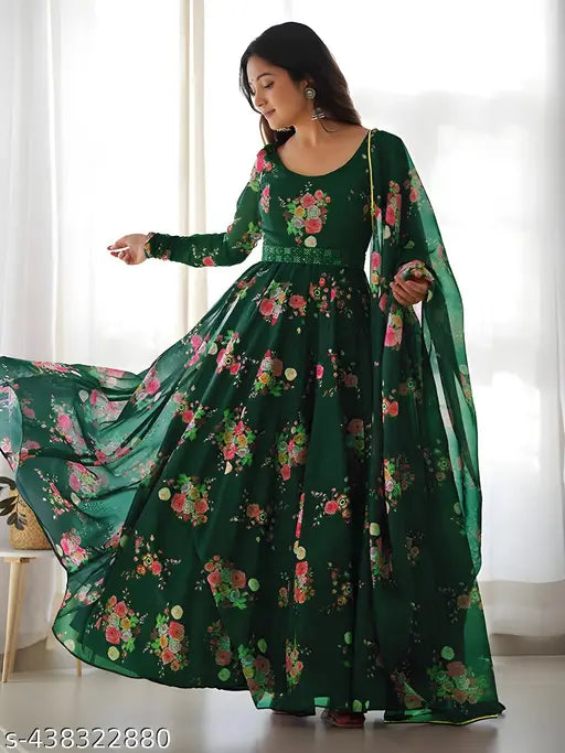 Green georgette, full sleeve floral printed aline full flared designer gown for women, complete with dupatta and free belt