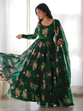 Green georgette, full sleeve floral printed aline full flared designer gown for women, complete with dupatta and free belt