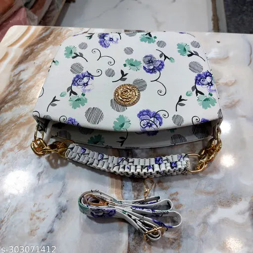 Stylish floral polyester sling bag, handmade knitted handle for women & girls. Quality item at a great price." (106 characters)