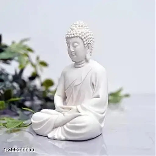 Handcrafted white polymarble meditation Buddha statue, 9cm x 15cm x 7cm, premium resin, elegant decor for desk or shelf, Indian origin