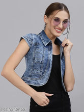 Blue washed checked crop denim jacket for women, cotton with short sleeves and contrast stitching