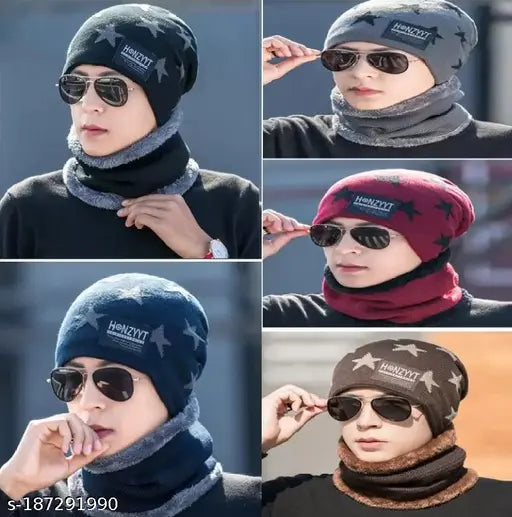 Stylish, warm acrylic cap & neck scarf with fur inside, woolen winter wear for women, great fit, China-made