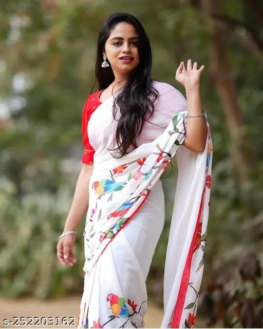 Graceful Georgette saree with printed net blouse, single free size, Indian origin