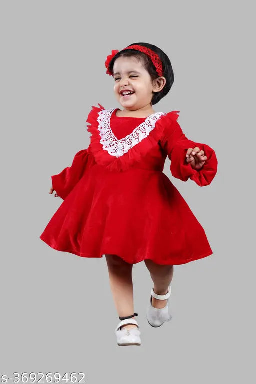 Christmas red wool party frock with full sleeves and lace detail, elegant winter wear for toddlers (0-1 years), handmade in India