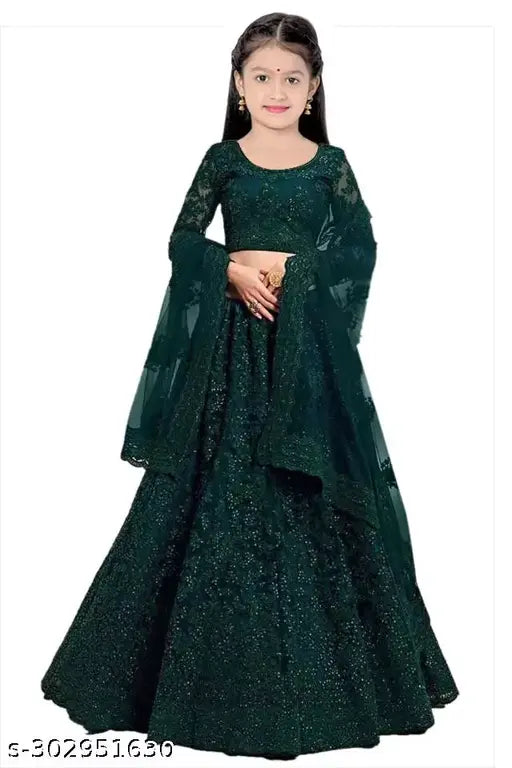 Embroidered satin lehenga choli and net dupatta set for girls aged 3-14, Indian ethnic wear with long sleeves