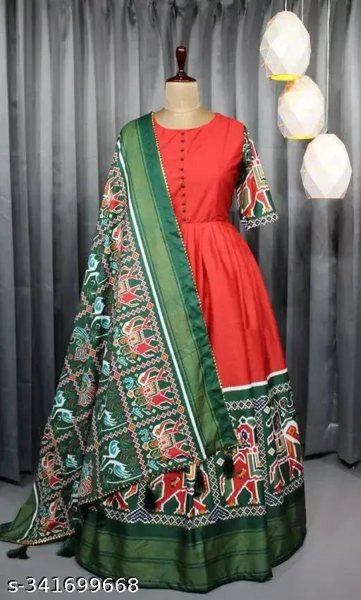 Silk Patola and Digital Print Semi-Stitched Gown with Dupatta, heavy silk blend, three-quarter sleeves, Indian traditional bridal wear on mannequin
