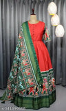 Silk Patola and Digital Print Semi-Stitched Gown with Dupatta, heavy silk blend, three-quarter sleeves, Indian traditional bridal wear on mannequin