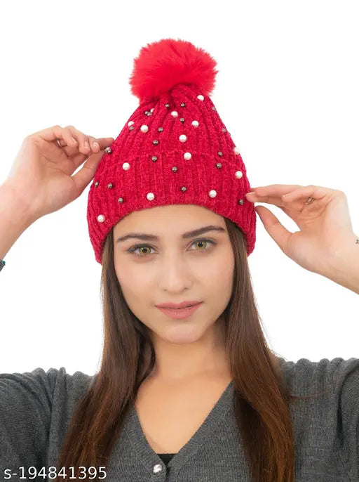 Soft pearl knitted wool winter cap, fur-lined with pom pom - KHM women's beanie (China)