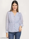 Blue georgette bell sleeve top, casual women's floral print, long sleeves, printed net
