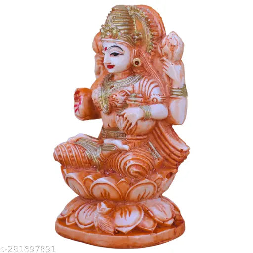 Orange marble dust Laxmi Mata idol, intricately designed ceramic statue of Indian goddess Laxmi