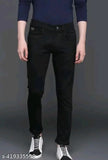 Trendy stylish men's black denim jeans, solid pattern, comfortable fit for modern fashion