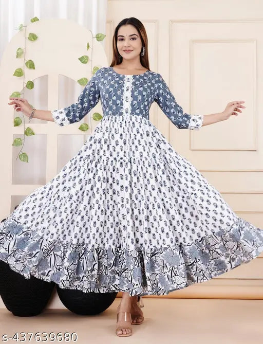 Blue rayon anarkali gown, three-quarter sleeves, printed combo. Beautiful women's fashion from India on mannequin