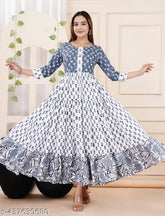 Blue rayon anarkali gown, three-quarter sleeves, printed combo. Beautiful women's fashion from India on mannequin