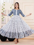 Blue rayon anarkali gown, three-quarter sleeves, printed combo. Beautiful women's fashion from India on mannequin