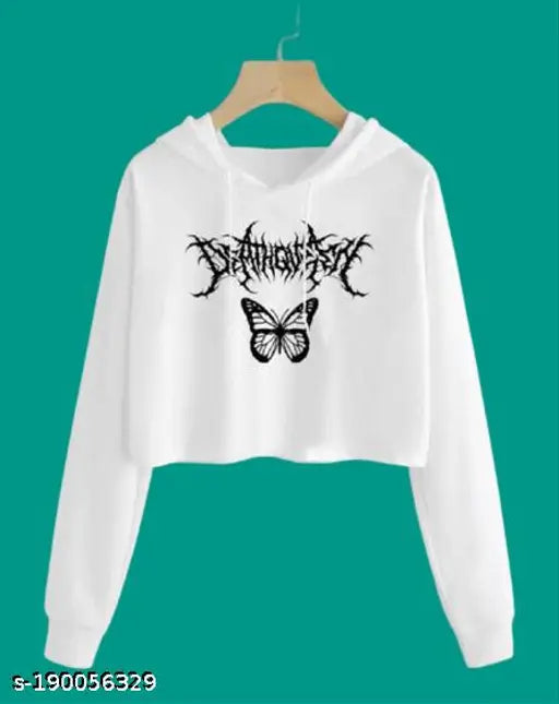 White polycotton girls' sweatshirt & hoodie with printed design, long sleeve, 13-16 years size range, India origin