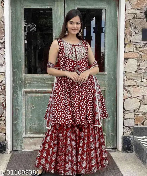 Fresh Fashion Women's & Girls Kurta, SHARARA & Dupatta Set - Rayon fabric, sleeveless, printed set with gathering dupatta and veil for casual yet elegant outfit