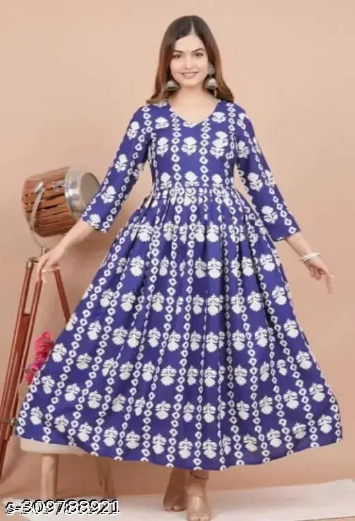 Blue floral printed rayon Anarkali Kurti, comfortable and flowy design for women's ethnic wear