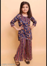kids rayon kurti palazzo set, printed three-quarter sleeves in Indian ethnic style for girls aged 5-12