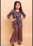 kids rayon kurti palazzo set, printed three-quarter sleeves in Indian ethnic style for girls aged 5-12