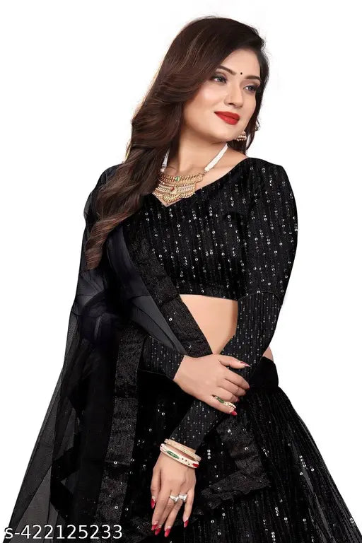 Black net western party wear Lehenga Choli, embroidered with embellished dupatta. Semi-stitched (42in waist, 44in length)