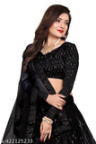 Black net western party wear Lehenga Choli, embroidered with embellished dupatta. Semi-stitched (42in waist, 44in length)