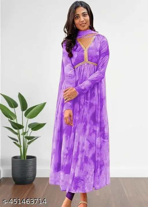 Georgette Anarkali Aliya cut kurti Dupatta Set, long sleeve printed gown for women's festive wear or parties