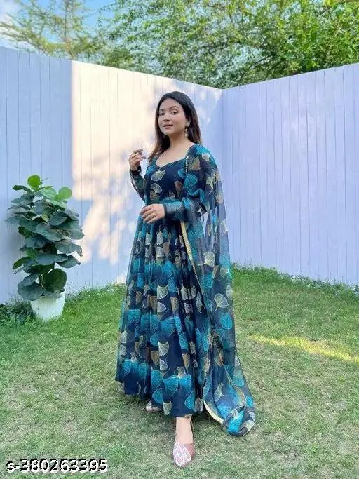 Georgette blue western dress with dupatta, printed floral design, long sleeves, knee length