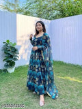Georgette blue western dress with dupatta, printed floral design, long sleeves, knee length