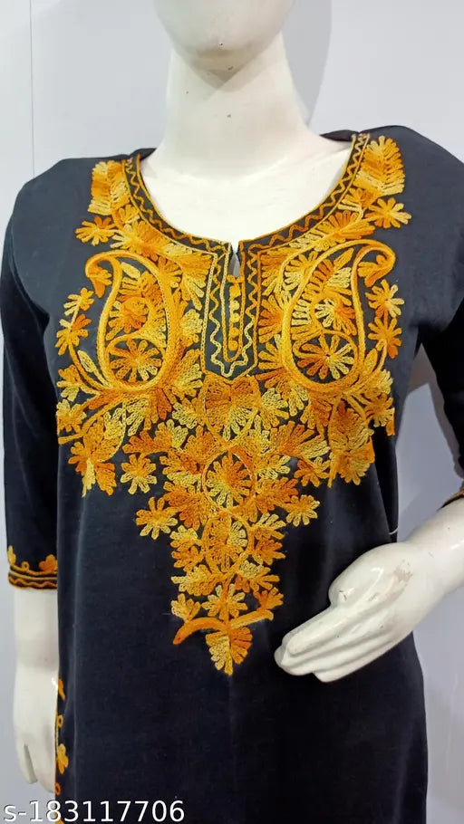 Stylish black over yellow embroidered wool kurti, three-quarter sleeves, trendy women's fashion, India-origin
