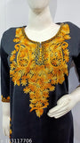 Stylish black over yellow embroidered wool kurti, three-quarter sleeves, trendy women's fashion, India-origin