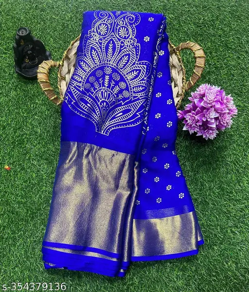 Designer heavy foil printed moss silk saree with blouse, premium quality chiffon fabric and zari woven pattern for festive and party wear