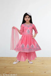Pink Georgette Lahera set for girls, embroidered net, three-quarter sleeves. Indian fashion for young girls