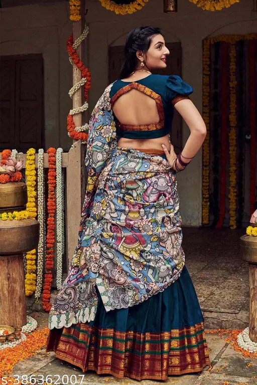 Art Silk SemiStitched South Indian Style Half Saree with Choli and Dupatta, featuring woven design patterns on Lichi silk fabric. Measuring approximately 3.6M for the lehenga, 0.8M for the choli (semi-stitched), and 2.4M for the dupatta. Origin: India, ready to ship