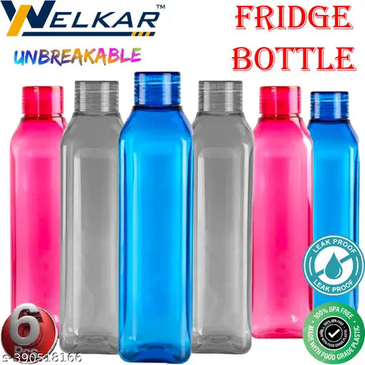 Crystal clear 1 liter leak-proof plastic water bottle set in multiple colors, ideal for office, school, college, gym, picnic, home or fridge. BPA-free and freezer safe