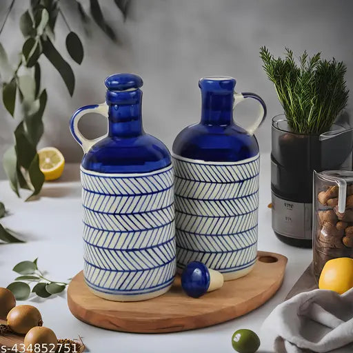 Ceramics Ghar Premium Ceramic Oil Dispenser Bottle Set (1000ml x 2) - Elegant, microwave-safe, Indian-made oil dispenser for storing cooking oil