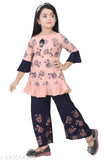 Elegant Rayon Printed A-line Top & Pyjamas Set for Girls, aged 1-9. Indian-made, comfortable, and stylish. Floral pattern, three-quarter sleeves. Suitable for daily wear or parties. Size: 12-18 Months to 3-4 Years