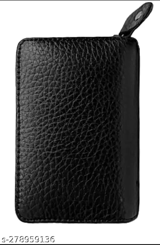 Genuine black leather RFID blocking 5-compartment card holder, textured design. RFID protected organizer for 12 cards, bills, and coins. Perfect size for men or women's everyday use
