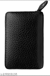 Genuine black leather RFID blocking 5-compartment card holder, textured design. RFID protected organizer for 12 cards, bills, and coins. Perfect size for men or women's everyday use