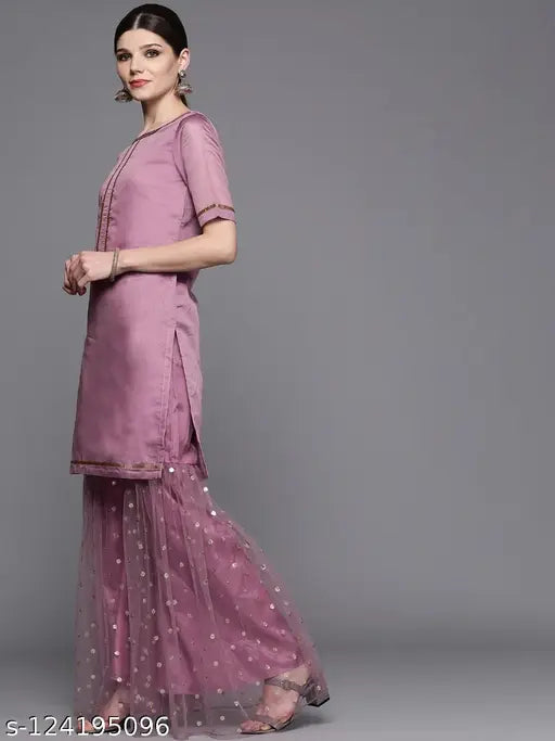 Purple silk sequinned kurta with sharara and dupatta, perfect for party and wedding wear