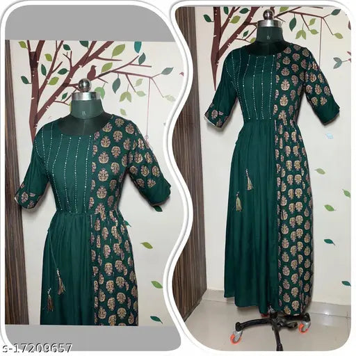 Rayon printed kurtis, short sleeves for women, Indian fashion on mannequin (M-44in)