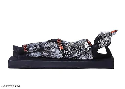 Handcrafted black and silver polyresin sleeping Buddha statue, decorative showpiece for home, repels negative energy, 19cm L x 7cm H x 4.5cm B