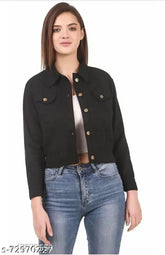 Trendy black denim jacket, cotton blend, solid pattern for women. Three-quarter sleeves, regular fit, available in sizes S-XL
