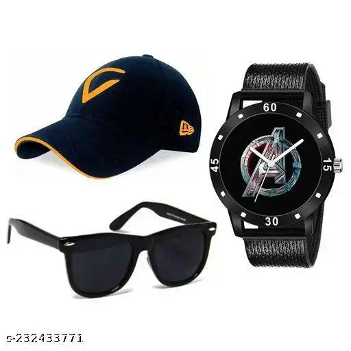 Cotton baseball cap set with analog watch and sunglasses, hot and cool looking gift for men, kids, and boys (India)