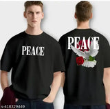 Black cotton blend oversize regular fit men's t-shirt with printed design, short sleeves and casual fashion style. Size M (38in chest, 27in length), L (40in chest, 28in length), XL (42in chest, 29in length). Made in India