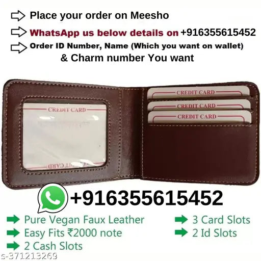 Faux leather personalized men's wallet with charm, free size, 2 compartments, solid net design in chosen color