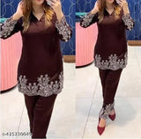 Maroon Rayon Embroidery Design Co-ord Set for Women, long sleeves and pyjama bottoms