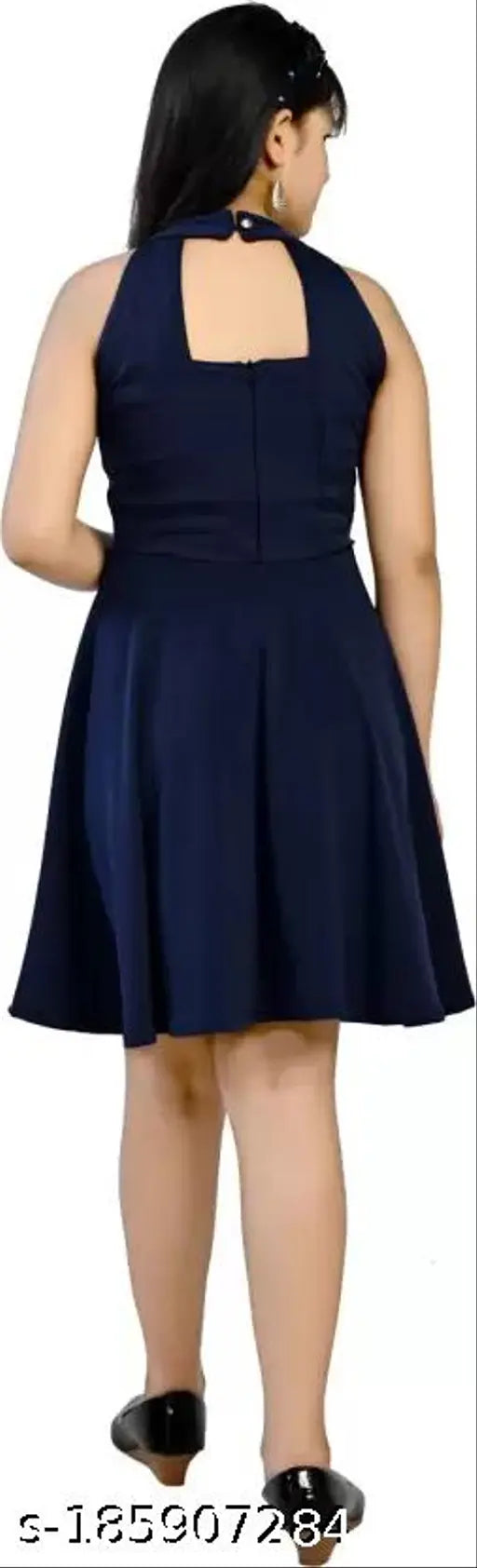 Navy blue cotton blend knee-length dress, trendy and fashionable for girls aged 5-13 years, solid design, Indian origin