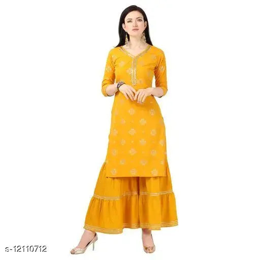 Solid yellow crepe kurta set with sharara, printed net, three-quarter sleeves for women - XL & XXL, handcrafted Indian ethnic wear