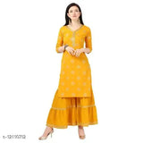 Solid yellow crepe kurta set with sharara, printed net, three-quarter sleeves for women - XL & XXL, handcrafted Indian ethnic wear